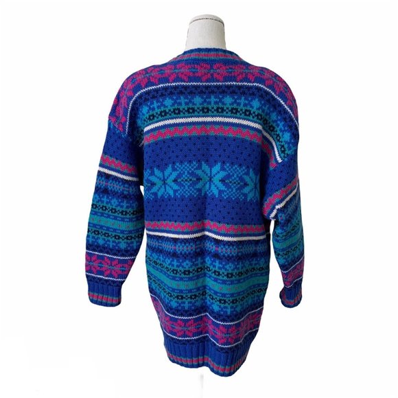 Vintage 80s Brass Plum Fair Isle Geometric New Wave Wool Sweater Cardigan - Picture 4 of 11